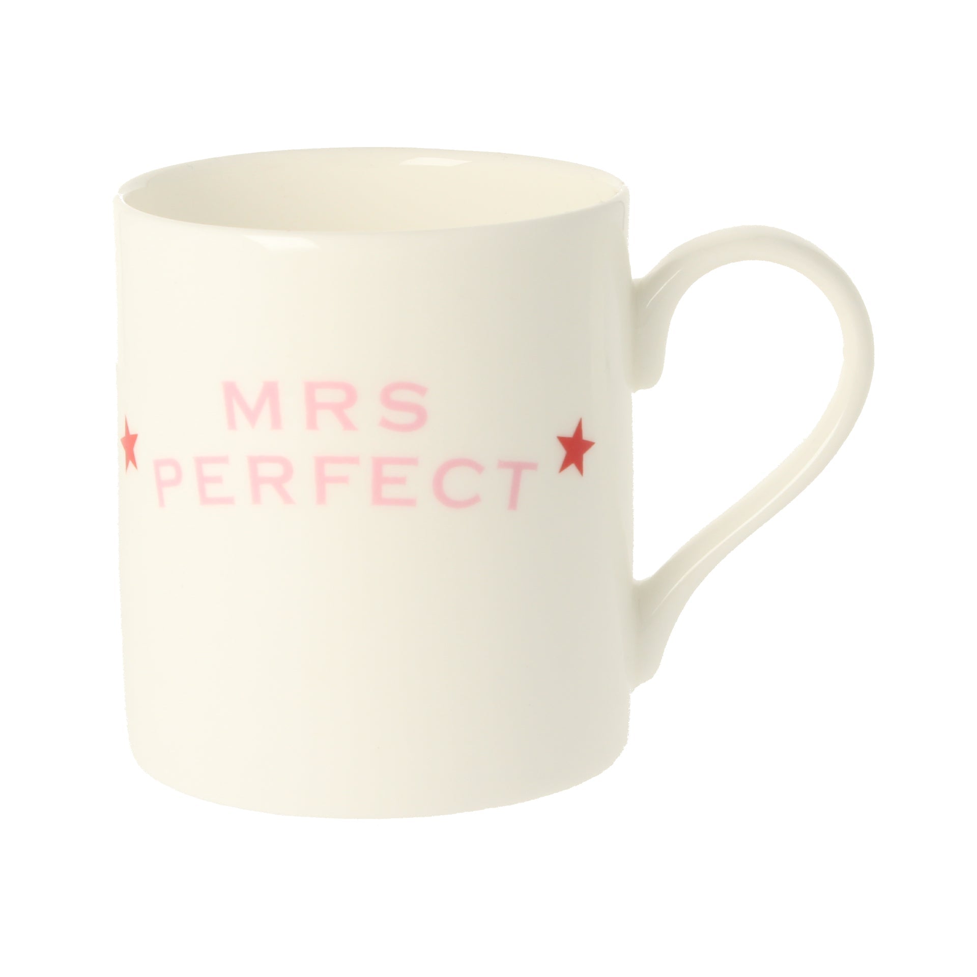 White mug with pink text and stars on a white background